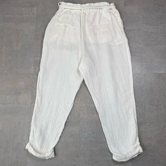Free People White Paperbag High Waist Belted Linen Pant Womens Large Tapered Leg - Picture 8 of 10